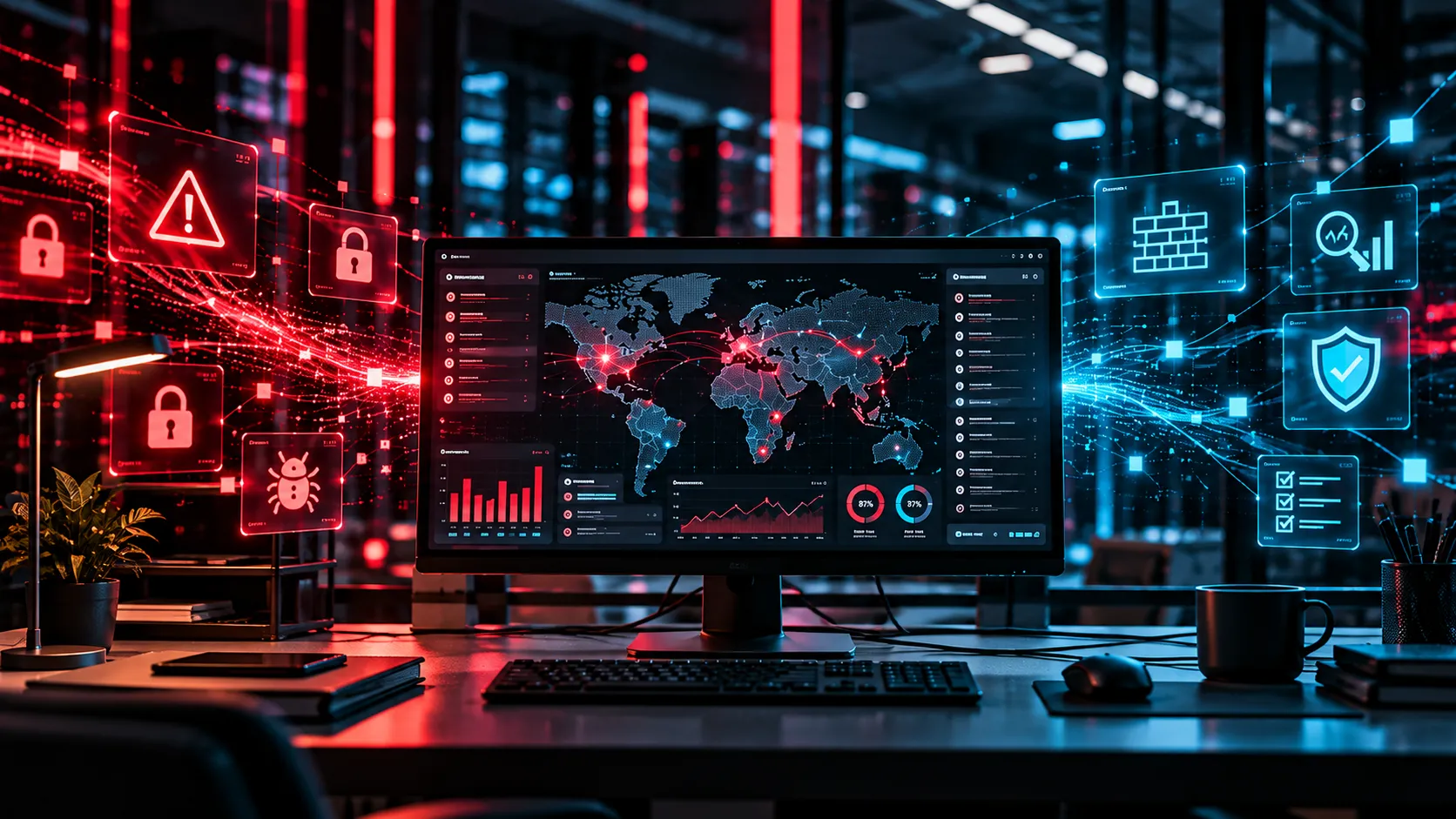 Cybersecurity-Kommandozentrale: SOC-Dashboard mit Bedrohungslage in Rot und Cyan